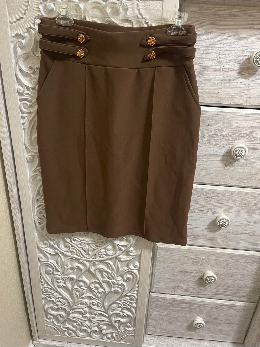 Elegant Brown High-Rise Pencil Skirt with Button Trim